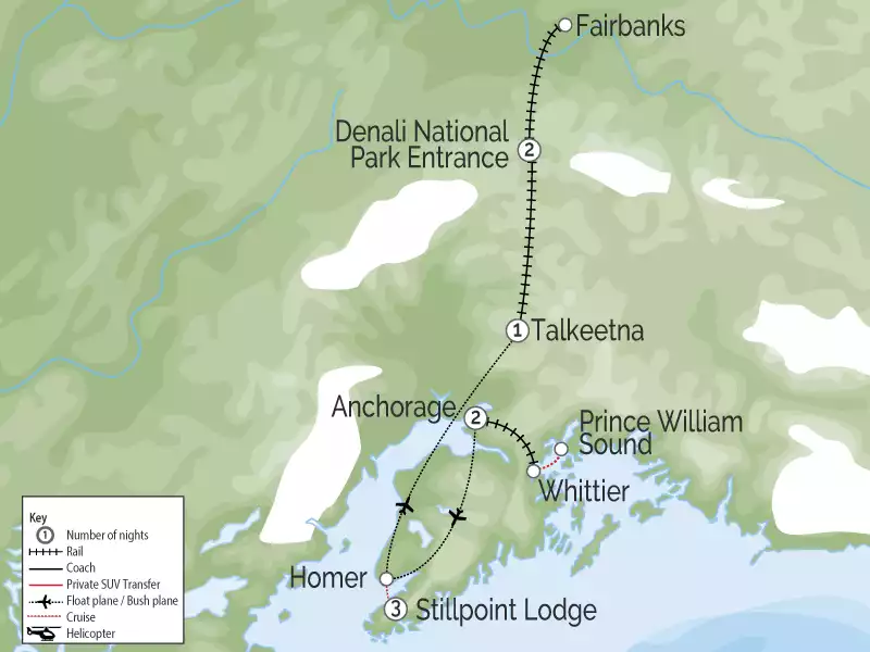 Alaska Luxury Tour with Stillpoint Lodge and Denali by Train map