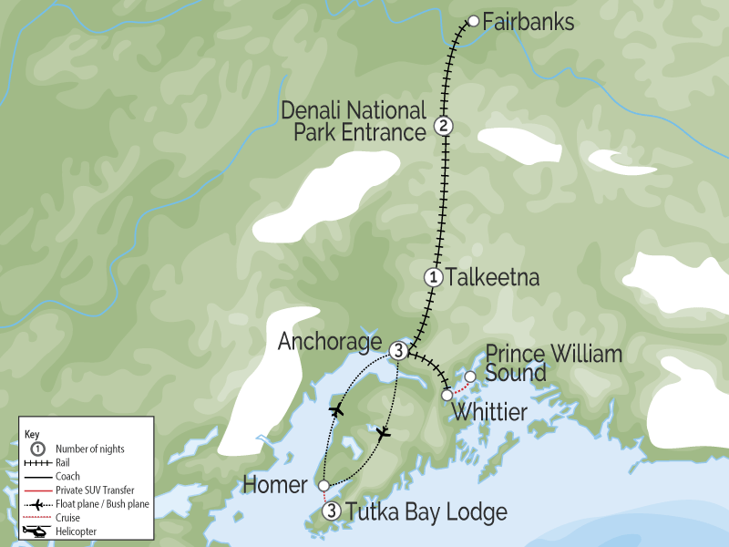 Alaska Train Trip, Wilderness Lodges, Glaciers & Denali map