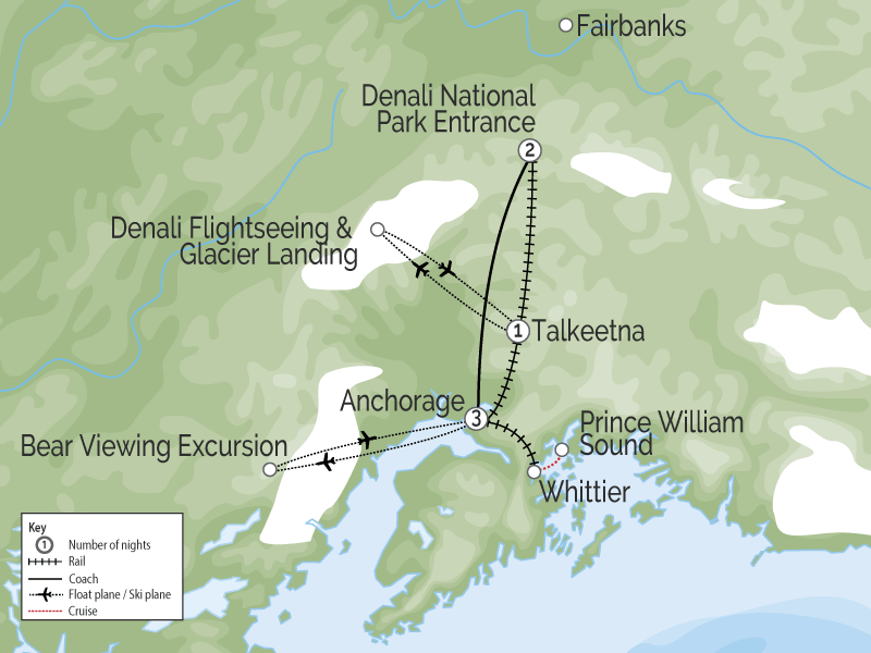 Alaska Train Trip with Denali Icebergs & Bears map