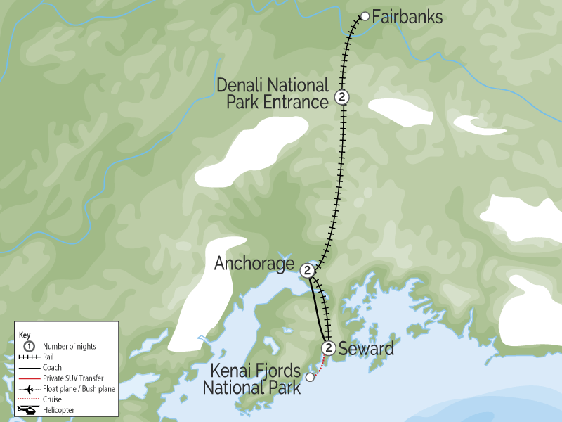 Alaska Train Vacation with Glaciers & Denali map