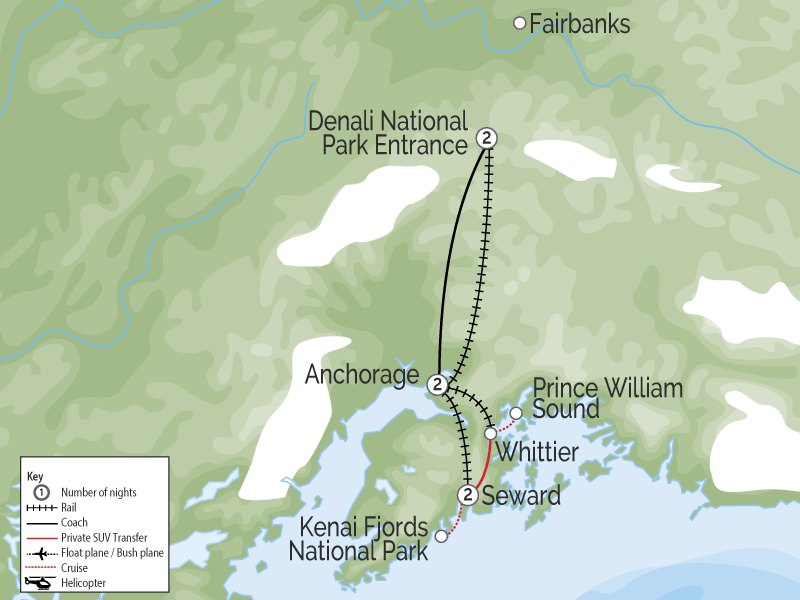 Glaciers Fjords Denali and Alaska Train Vacation map