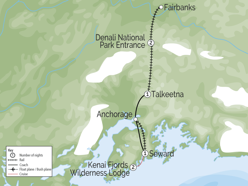 Kenai Fjords Denali Explorer | Alaska Train Vacation map