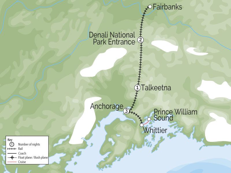 Prince William Sound Denali Explorer Alaska Favourites by Rail map